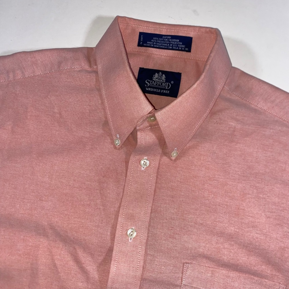 Stafford Men Wrinkle Free Oxford Short Sleeve Button Down Shirt Salmon Pink 16.5
